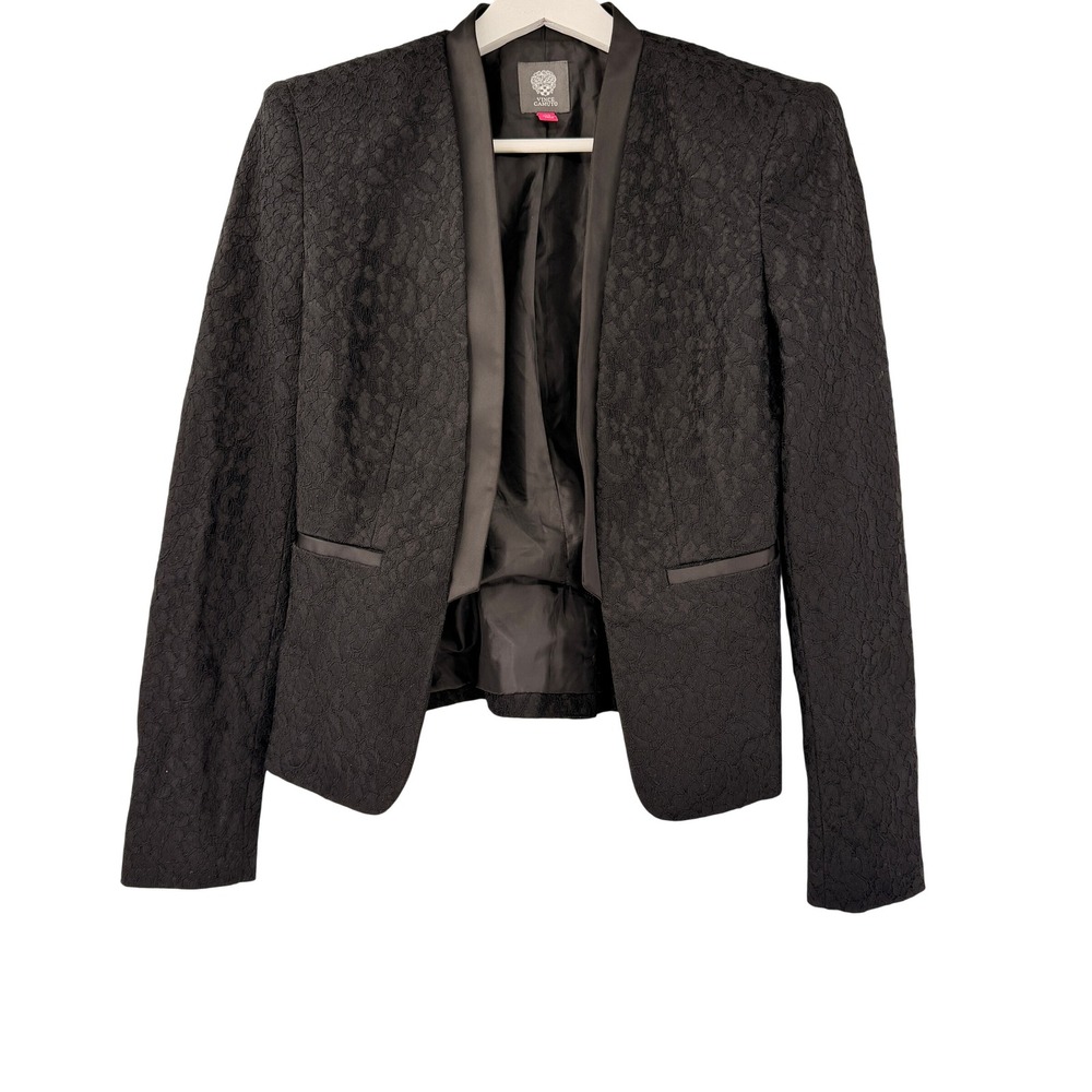 Vince Camuto Lace Blazer Womens Size 00 Black Satin Trim Open Front Evening Chic